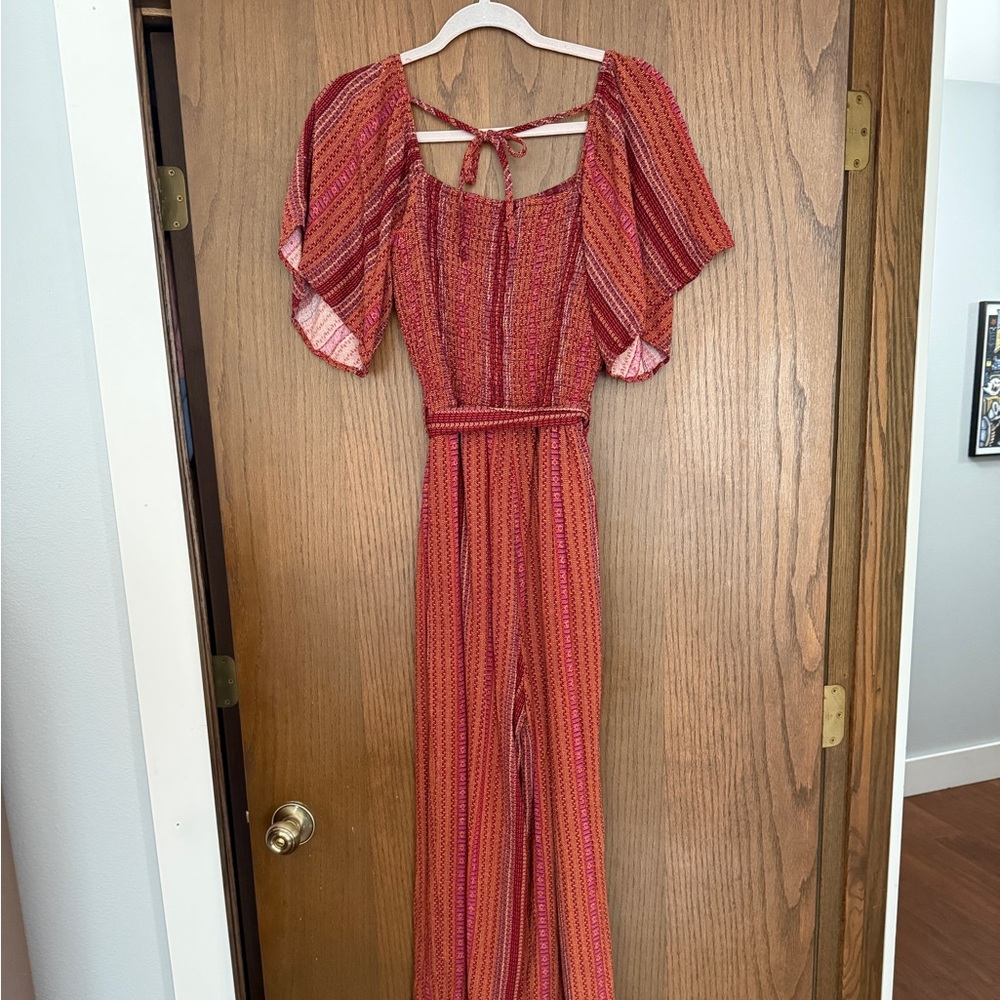 Womens Red Multi-Stripe Knit Jumpsuit with Tie Back - Picture 3 of 13